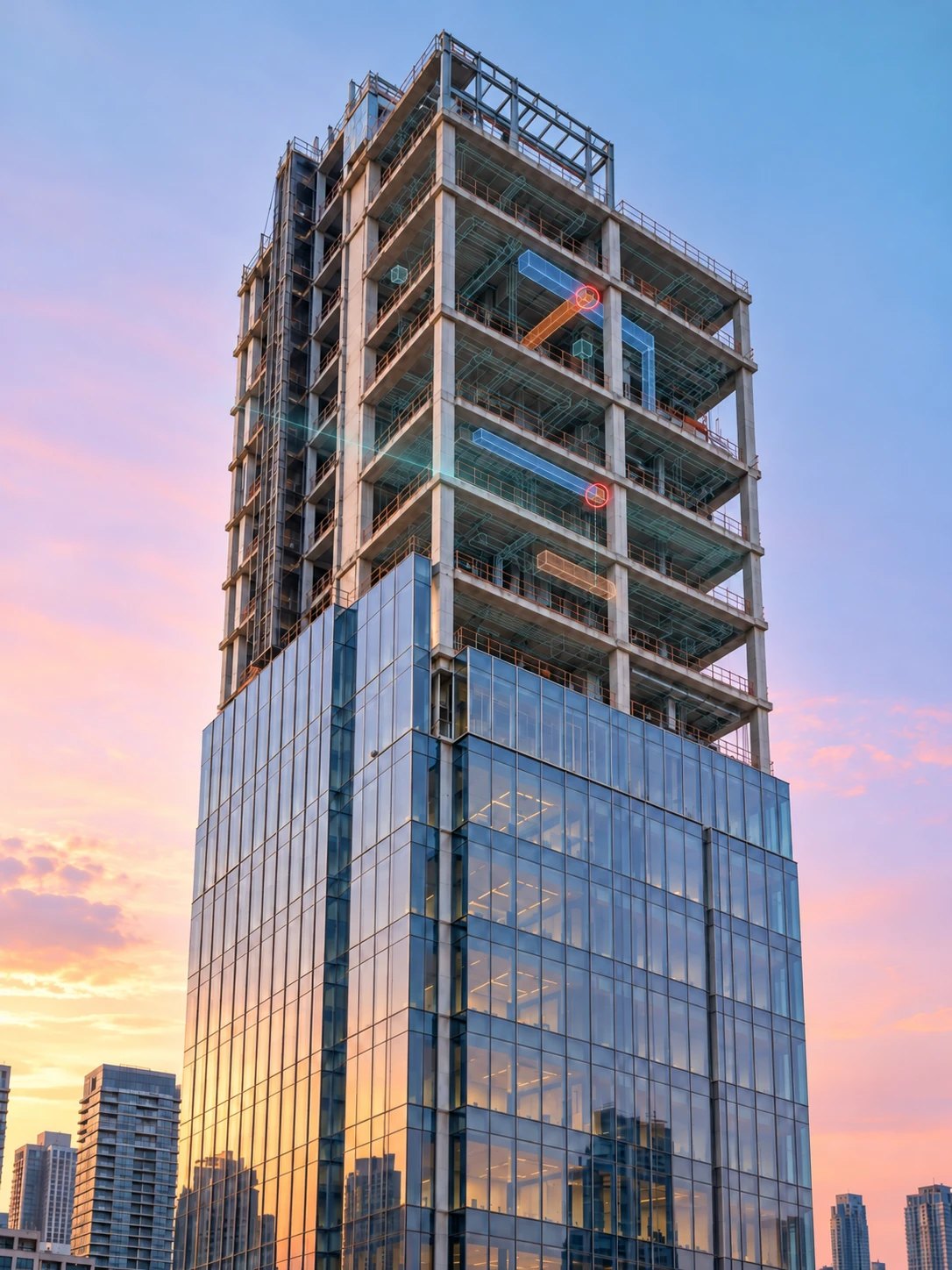 A tower under construction with its building services traced over the open floors and two clashes marked